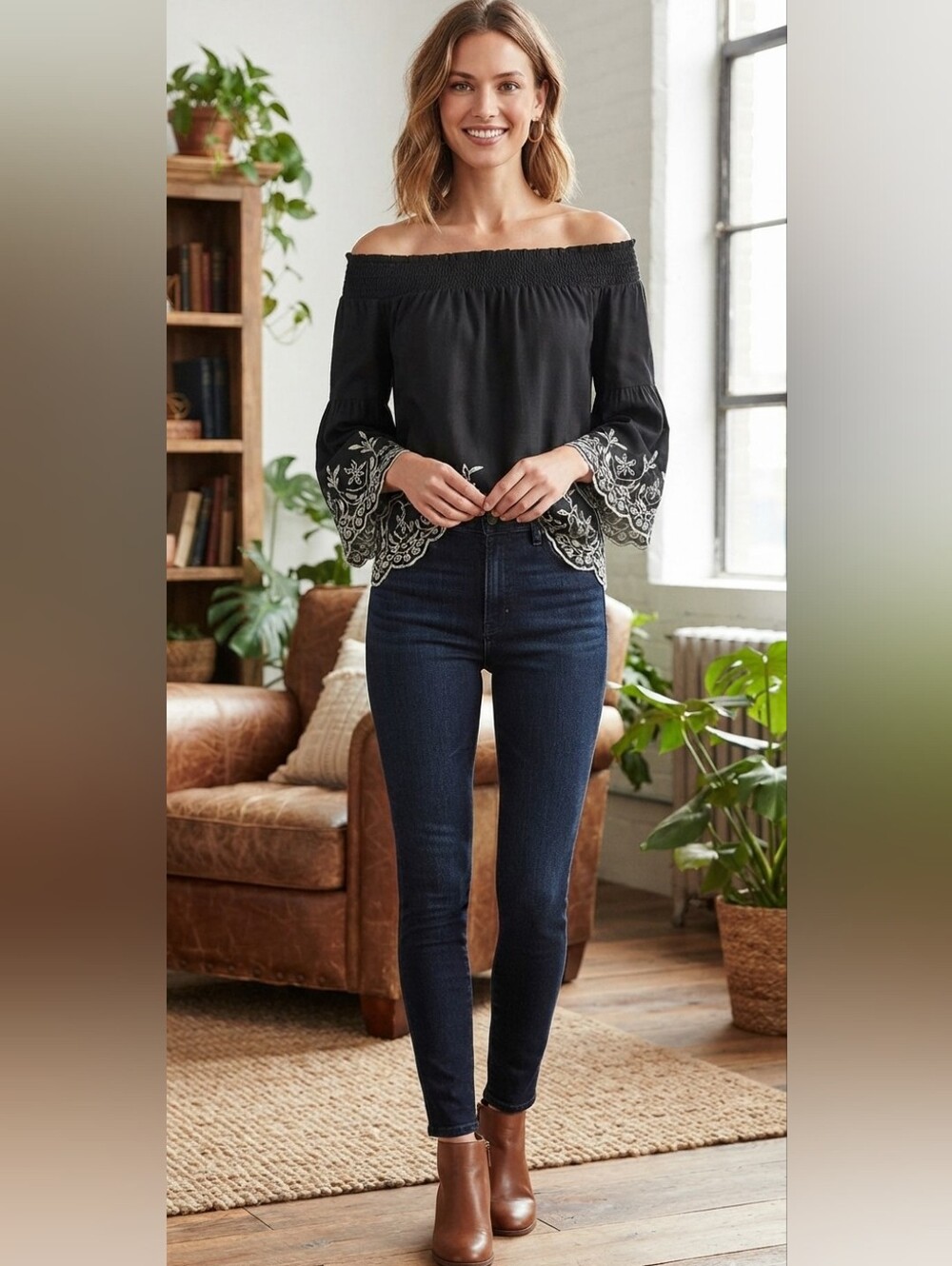 WHBM Embroidered Off the Shoulder Blouse Black Eyelet Bell Sleeve Small